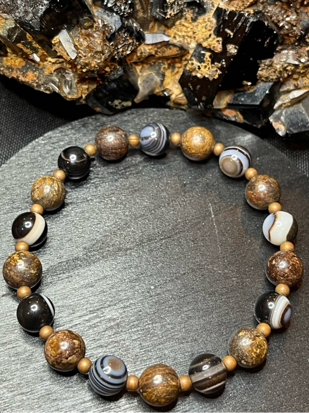 🌑Gemstone Bronzite & Black Agate Crystal Stretch Bracelet🌑